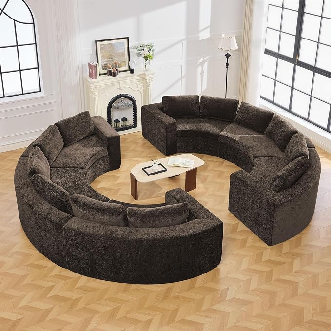 WUTUTUEE 142'' Curved Round Boneless Couch, Oversized Circular Sofa with Deep Seat & Arms, Chenille Modular Sectional Sofa with Pillows, Upholstered Comfy 12 Seat Couch for Living Room, Brown