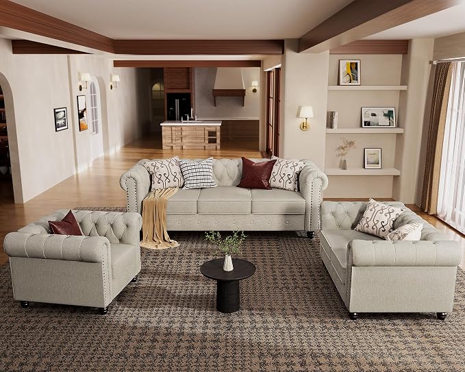 Morden Fort Sofa Set, Chenille Beige, 82''W x 34.5''D x 30''H, Chesterfield Style, Tool-Free Assemble, Pet-Friendly, 1430LBS Weight Capacity