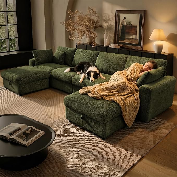 Ihanherry 141" Oversized Cloud Sectional Couches for Living Room, Modular Sectional Sofa with Wide Deep Seat, U Shaped Couch with Throw Pillow and Storage Ottoman, Green