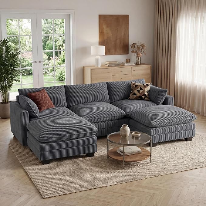 Gizoon 110'' U Shaped Corduroy Comfy Sectional Couches for Living Room 3 Seater Cloudy Sofa with 2 Movable Ottomans Pet Friendly Cloud Couch for for Living Room Bedroom and Apartment, Gray