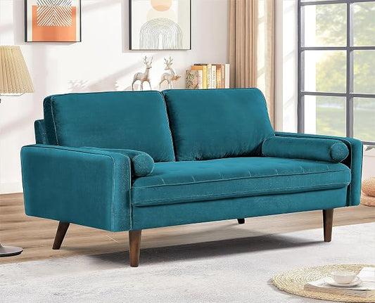 Container Furniture Direct Velvet Tufted Sofas for Living Room, Classic Mid-Century Style with Modern Silhouette, Button Tufting and Wood Legs, Includes 2 Bolster Pillows, Loveseat, Greenish Blue