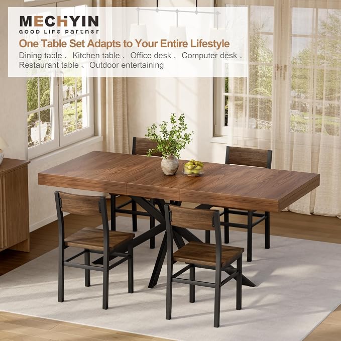 5-Piece Dining Table Set for 4 6 8, Large 55"-70.9" Extendable Dining Room Table Rectangle with Kitchen Chairs of 4, MDF Wood & Metal Frame for Apartment Kitchen Saving Space, Rustic Farmhouse, Walnut