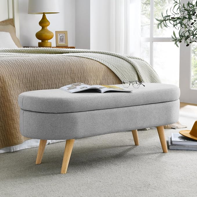 43.5" Ottoman with Storage, Storage Ottoman Bench with Safety Hinge, Linen End of Bed Bench, Upholstered Entryway Bench for Bedroom, Living Room & Window, Holds up to 330 lb, Grey
