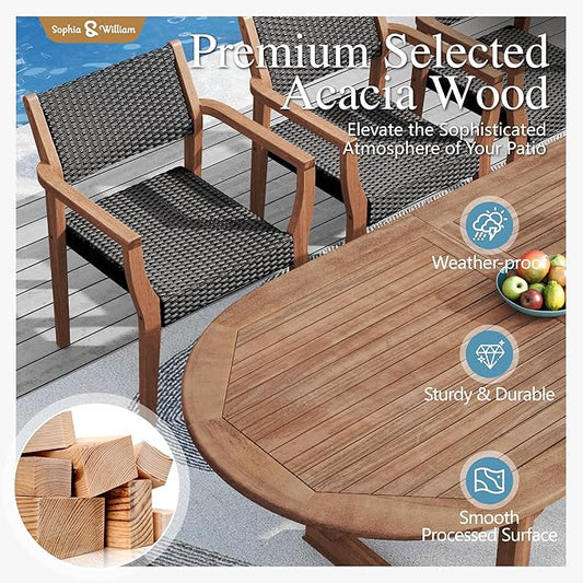 Sophia & William Patio Outdoor Table and Chairs Set, Patio Dining Sets for 6, 7 Pieces Patio Table Set Acacia Wood Table Expandable and Rattan Chairs for Backyard Deck Porch Outside