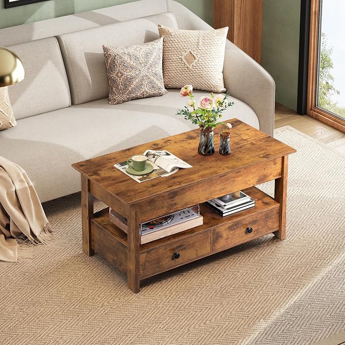 WLIVE Coffee Table, Lift Top Coffee Table with 2 Drawers, Large Hidden Compartment and Open Storage Shelf, Lift Tabletop, Dining Table for Living Room, Rustic Brown