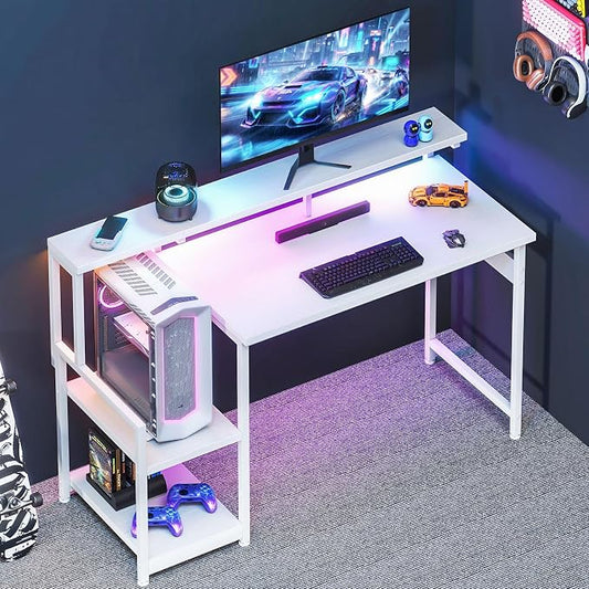 AODK 48 Inch Gaming Desk with LED Lights, Computer Desk with Storage Shelves, Reversible Desk with Monitor Stand, White