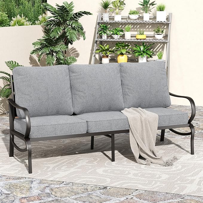 PHI VILLA Metal Patio Sofa with 5.75" Extra-Thick Waterproof Cushion, 3 Seater Deep Seat & High Back Outdoor Couch, All Weather Porch Furniture for Deck Backyard Front Porch Apartment,Gray