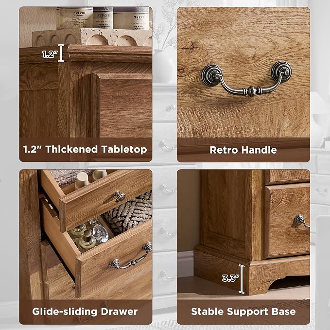 T4TREAM Farmhouse Dressers & Night Stand Set of 4, 54" Wide 7 Drawer Dresser & 48" Tall 6 Drawers Chests, 18" Wide 2 Drawers Side Table Set of 2, Furniture Dresser Sets for Home, Light Knotty Oak