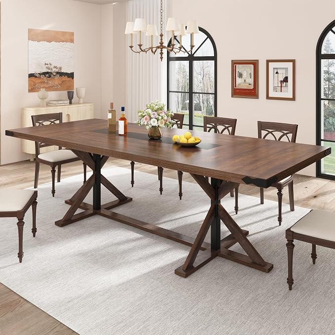 Hlivelood 94" Large Dining Table for 10 People, Rectangular Kitchen Farmhouse Table W/Thickness Waterproof Wood Tabletop,Long Dining Room Tables W/Wood Strip Base for Kitchen Living Room(238CM Brown)