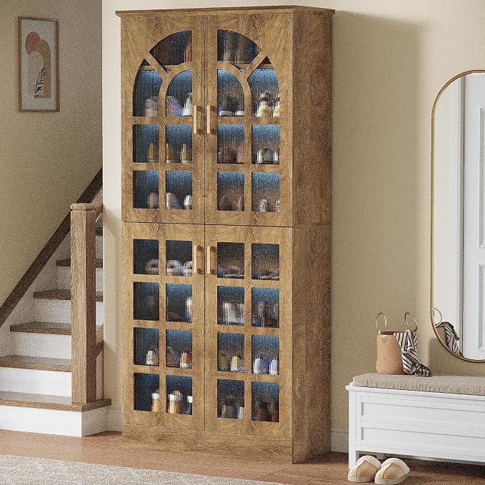Tribesigns Tall Shoe Cabinet with Doors and Led Lights, 8-Tier Wooden Shoe Rack Organizer with Adjustable Shelves, Narrow Shoe Storage Cabinet for Entryway, Hallway, Living Room, Brown, 2PCs