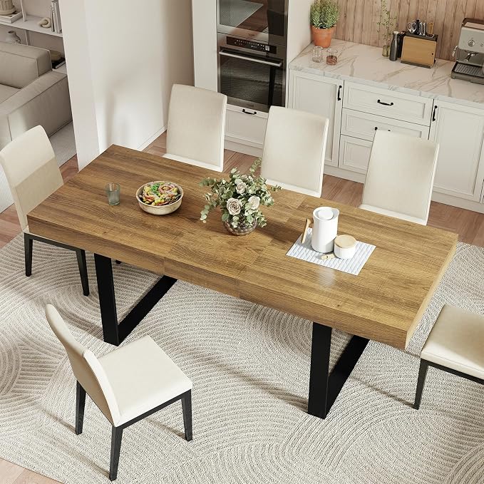 Zevemomo 63"-78.7" Extendable Dining Room Table for 6-8, Expandable Dinner Table Rectangular Kitchen Table Farmhouse Wooden Dining Tables for Dining, Kitchen, Office, Living Room, Space Saving-Brown
