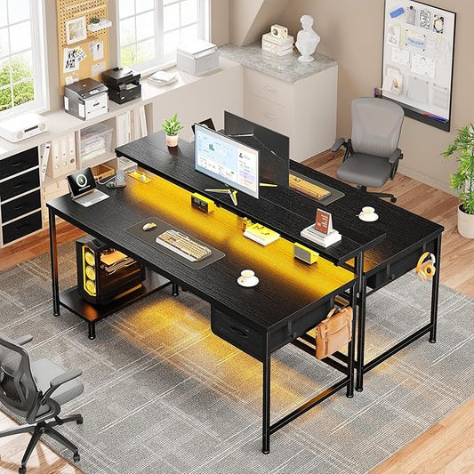 DurayLoly 47.2" Gaming Desk with Power Outlet and LED Lights,Computer Desk with Adjustable Monitor Stand and Drawer,Office Desk with CPU Stand for Home Work,Study and Gaming, Small Spaces,Black