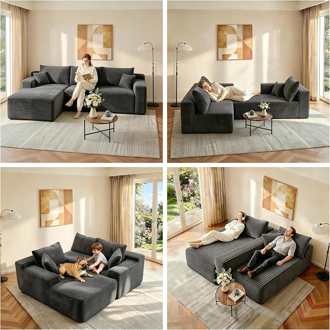 JINGLING 94" U Shaped Boneless Sectional Couch Set for Living Room, Plush Corduroy Modular Sofa with Ottoman, Small Space Apartment Couch, No Assembly, Left Facing Chaise, Dark Grey