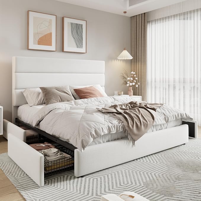 Allewie Modern Full Size Platform Bed Frame with 4 Storage Drawers and Velvet Upholstered Headboard, Wooden Slats Support, Upholstered Mattress Foundation/No Box Spring Needed/Easy Assembly, White