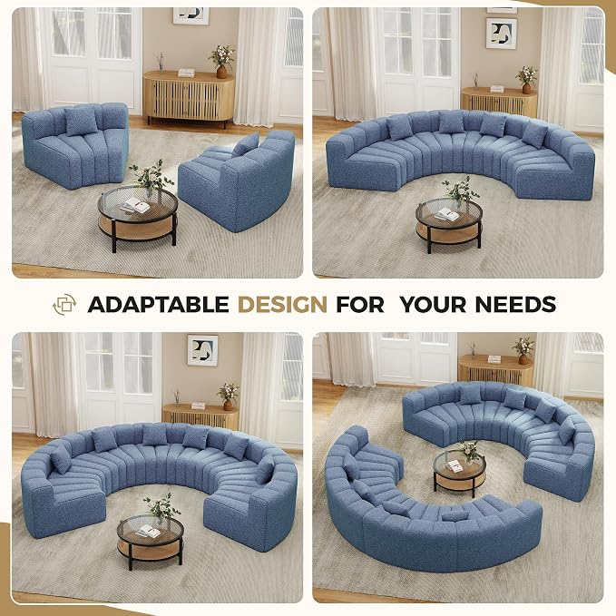 Oversized Curved Sofa, 6 Seater Modular Velvet Cloud Couch, Modern Boneless Sectional Couches for Living Room, No Assembly Required, Light Blue 1PC
