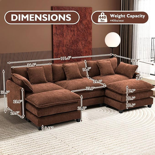 Ihanherry 111.4" U Shaped Modern Sofa Modular Sectional Luxurious and Comfortable with 2 Ottoman, 5-Seat Chenille Deep Seat Sofa with Pillow for Living Room, Bedroom and Apartment, Brick Red
