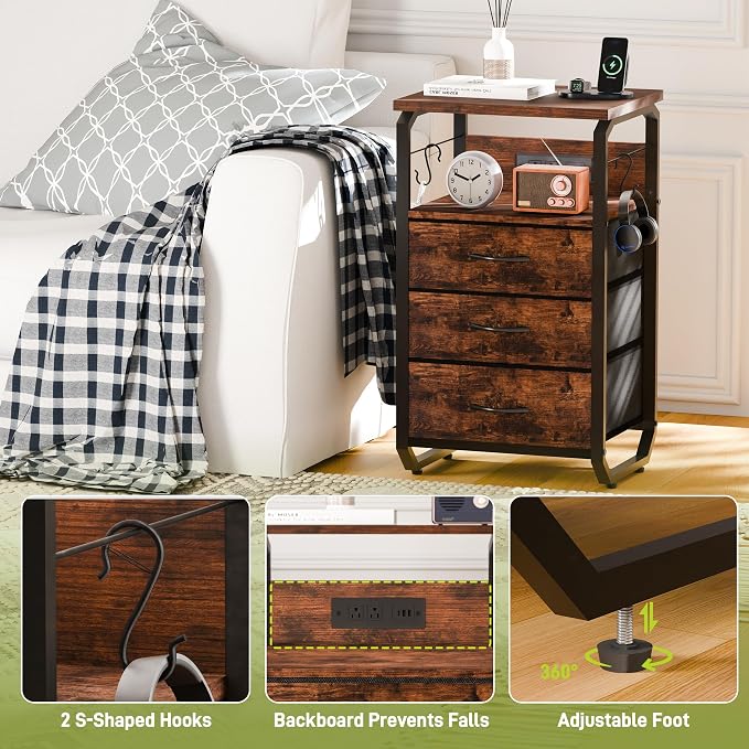 runjuly Night Stand with Charging Station, LED Nightstand with 3 Fabric Drawers and Hooks, Small End Table with Light and USB C Port, Storage Side Table for Bedroom, Rustic Brown