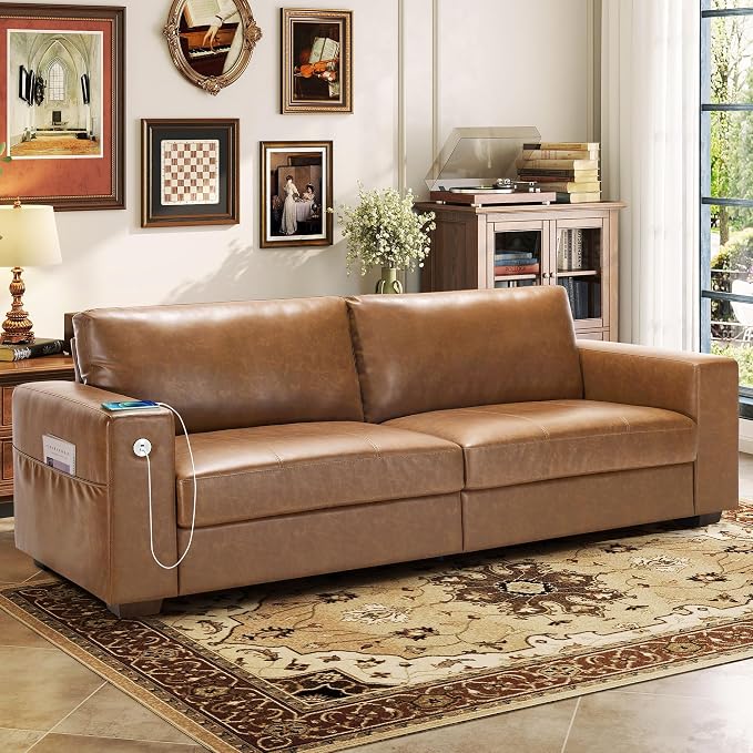 Hanherry Faux Leather 89" Sofa for Living Room, Modern Comfy Sofa with Medium Firm Seat Cushion, Removable Cover,Wide Armrest,USB/Type-C Port,Couches for Small Space,Apartment