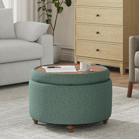 25Inch Round Ottoman with Storage, Tufted Fabric Modern Circle Ottoman with Reversible Tray Lid and Wood Legs, Multi-Functional Small Coffee Table for Living Room, Bedroom, Green