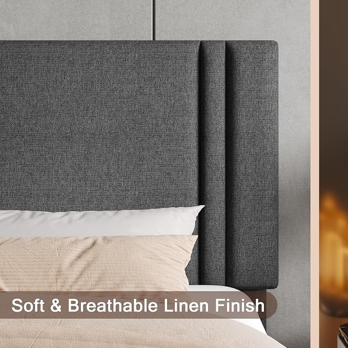 Einhomn Upholstered Full Size Bed Frame with Linen Fabric Headboard, Strong Wooden Slats Support, Noise Free, No Box Spring Needed, Dark Grey
