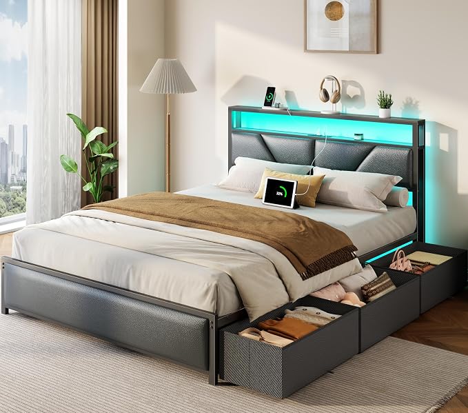 OURPIC Queen Bed Frame, 2-Tier Storage Headboard & 6 Fabric Drawers, PU Leather Upholstered Queen Size Platform Bed with Charging Station and LED Lights, No Box Spring Needed, Noise Free