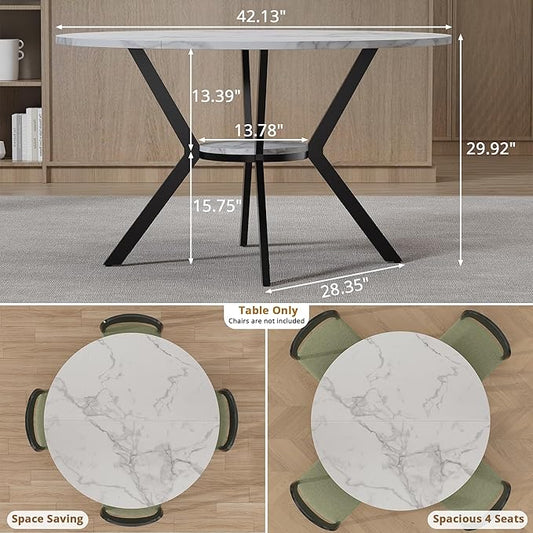 42" Round Dining Table for 2-4, Modern Kitchen Table with Faux Marble Tabletop & Metal Legs, Space Saving Circle Table with Storage, Wood Kitchen & Dining Room Tables for Kitchen Dining Room