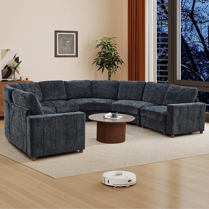 ORRD Oversized Curved Sectional Sofa, Convertible U Shaped Couch with Deep Seat, Boucle Modular Sectional Sofa with Pillows, Chenille Comfy 6 Seat Couch for Living Room, Black Blue
