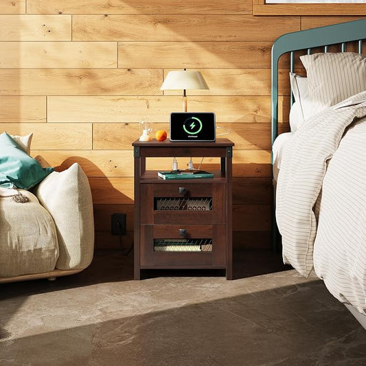 WLIVE Nightstand with Charging Station, Farmhouse End Table, Bed Side Table with 2 Storage Drawers and Open Shelf, Wood Rustic Nightstands for Bedroom, Espresso