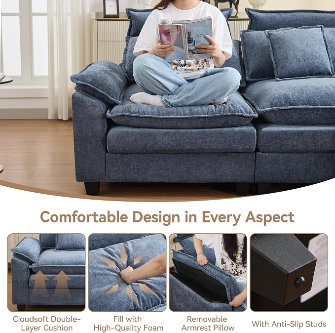 103'' Cloud Modern 3 Seater Couch with Detachable Headrest, Modular Sectional Sofa with Ottoman, Oversized L Shape Chenille Comfy Sofa with Armrests for Living Room, Blue
