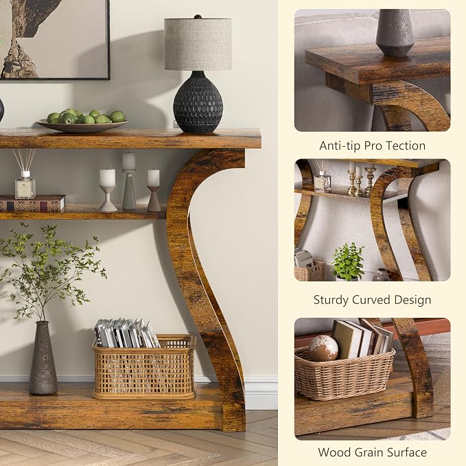 Wooden Console Table with Curved Legs and Shelf, 3-Tier Modern Accent Narrow Sofa Table for Entrance Area, Living Room, Hallway, 47 in Wide Wood Console Table for Entryway (Rustic Brown)