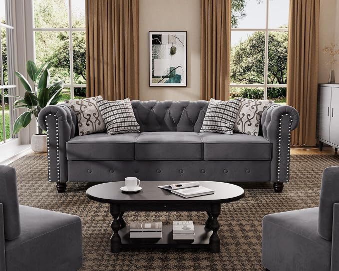 Morden Fort 3 Piece Classic Chesterfield 6-Seater Set, Tufted Chair & Loveseat & Sofa Solid Wood Legs Thick Cushion, Pet-Friendly Couch Set Furniture for Living Room Bedroom Apartment, Velvet Grey
