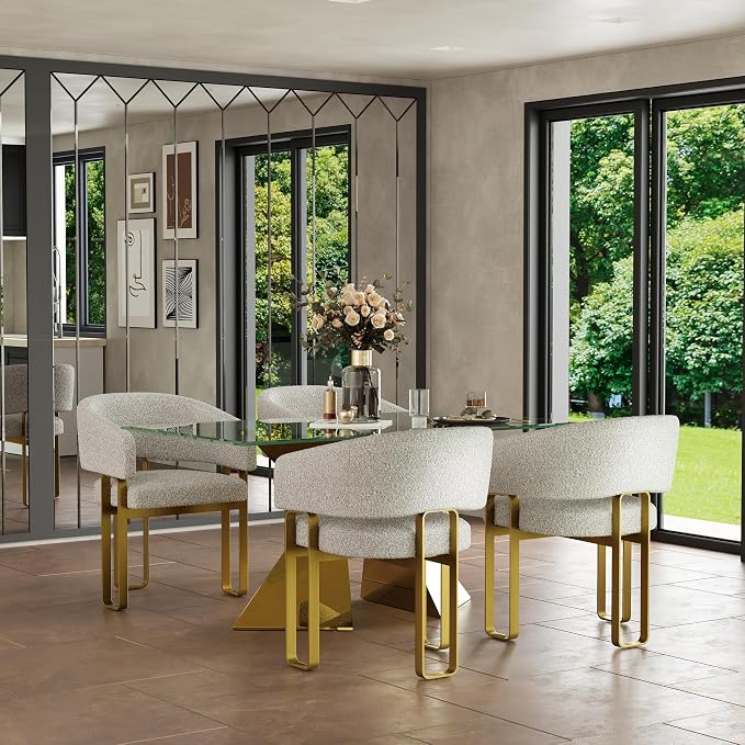 Boucle Dining Chair, Gold Barrel Dining Chair with Arms, Luxury Side Chair with Brushed Gold U-Shaped Legs for Kitchen, Bedroom, Makeup Room (3 PCS)