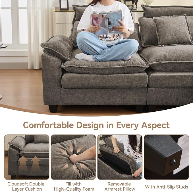 134'' Cloud Modern 4 Seater Couch with Detachable Headrest, Modular Sectional Sofa with 2 Ottomant, Oversized U Shape Chenille Comfy Sofa with Armrests for Living Room, Brown