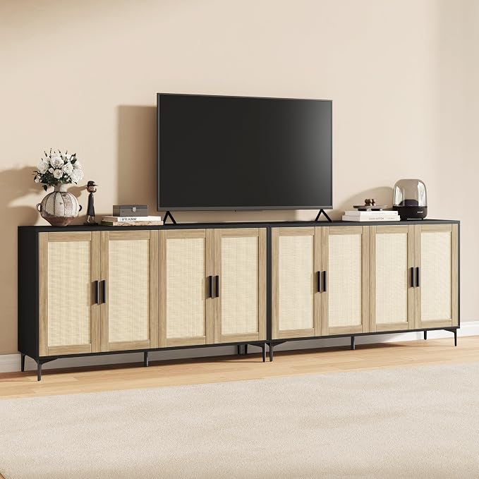 JASIWAY Sideboard Buffet Cabinet with Storage, 48" Rattan Coffee Bar | Credenza Storage Cabinet With Doors and Shelves, Black Rattan Cabinet for Dining Room, Entryway and Living Room, Anti-Tip
