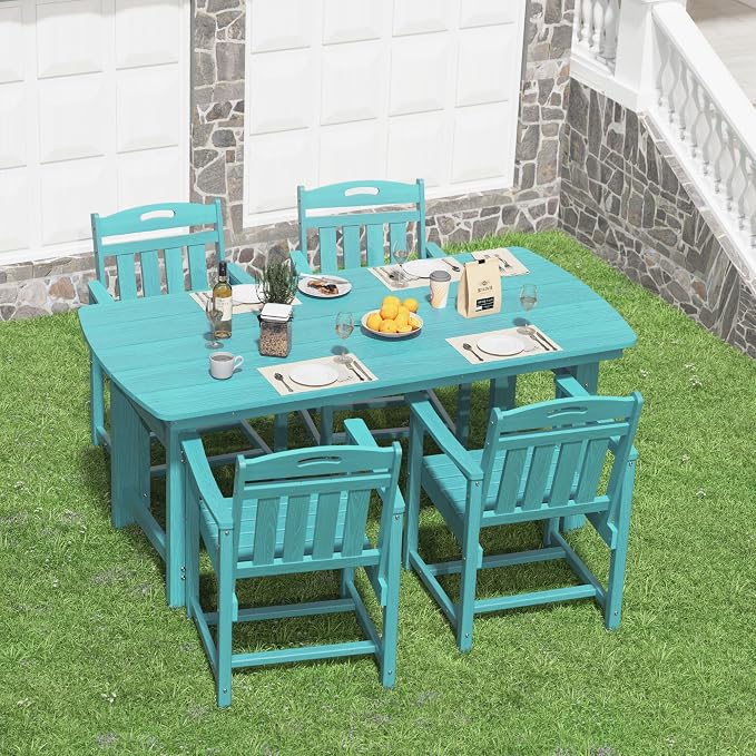 HDPE Outdoor Dining Set, Patio Table and Chairs Set, All-Weather 5-Piece Outside Table and 4 Chairs, 2" Umbrella Hole, Outdoor Furniture for Garden, Poolside, Backyard, Deck | Lake Blue