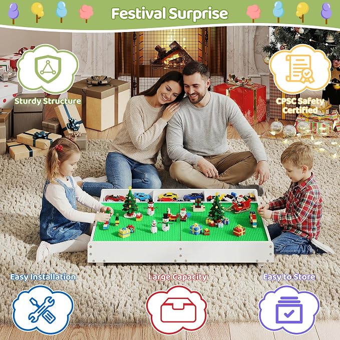 GITAWUSA 3-in-1 Construction Play Table with Storage Compatible with Lego, Rolling Kids Activity Table, Double Sided Desktop, Train Table for Toddlers 3-8, Convenient Storage Under the Bed and Sofa