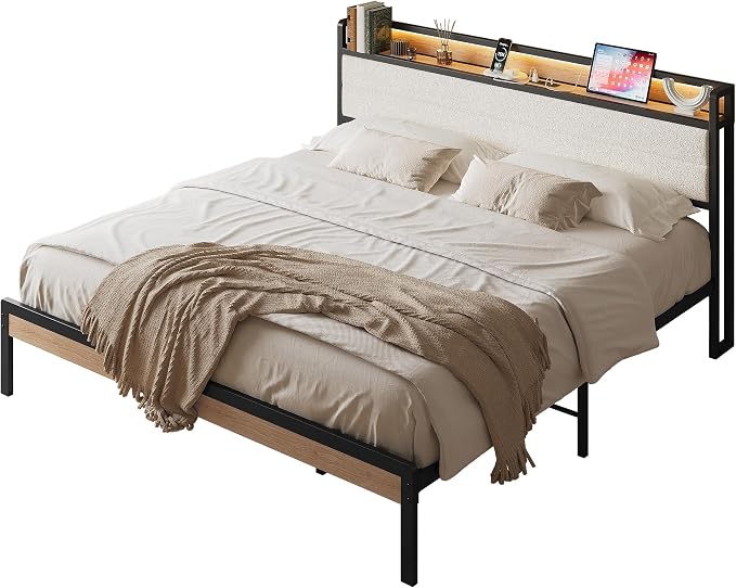 LIKIMIO California King Bed Frame with Storage Headboard and LED Lights, Metal Platform Bed with Charging Station, Noise Free, No Box Spring Needed, Under Bed Storage, Natural and Cream