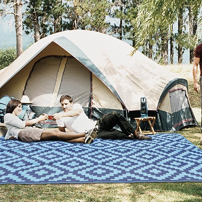 SAND MINE Reversible Mats, Plastic Straw Rug, Modern Area Rug, Large Floor Mat and Rug for Outdoors, RV, Patio, Backyard, Deck, Picnic, Beach, Trailer, Camping, Blue, 5' x 8'