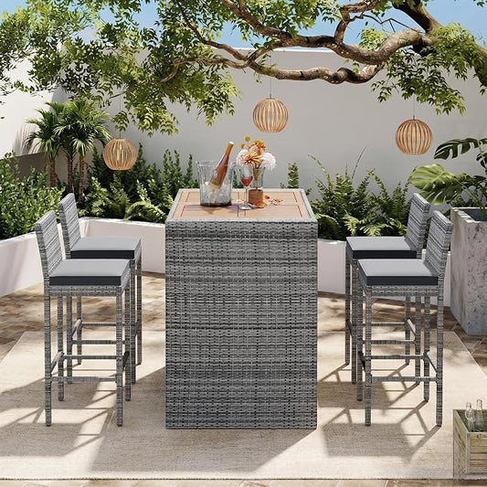 Quarte Modern 5-Piece Outdoor Patio Dining Set, Garden PE Rattan Wicker Bar Set, 4 Bar Height Chairs with Non-Slip Feet and Fixed Rope, Acacia Wood Table Top