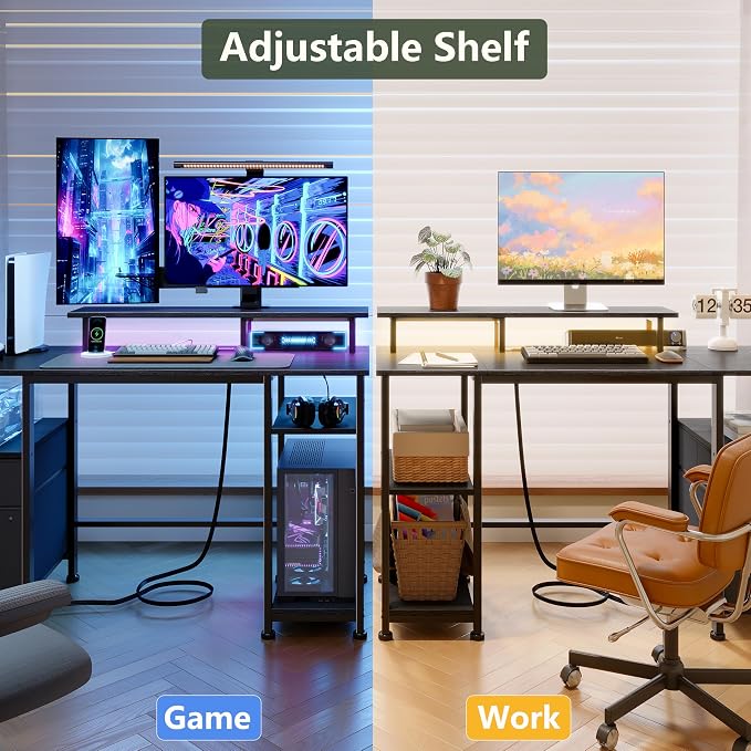 Furologee 51" Gaming Desk with Power Outlets & LED Lights, Reversible Computer Desk with File Cabinet & Monitor Stand for Home Office, Large Work Table with Storage Shelves & Drawer, Black