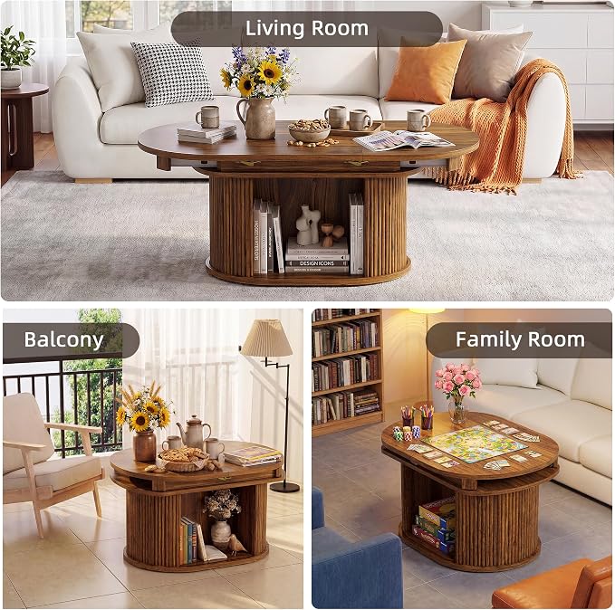 YESHOMY 45.2" Extendable Coffee Table with Storage, Fluted Oval Coffee Table with Sliding Door, Mid Century Modern Center Table for Living Room, Walnut
