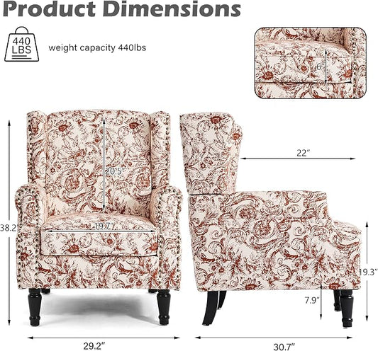 High Back Floral Accent Chairs Set of 2, Fabric Wingback Chair Upholstered Armchair for Living Room - Rococo Orange