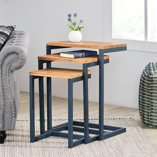 Savannah Fir Wood and Iron Nesting Side Tables (Set of 3) - Antique Brown