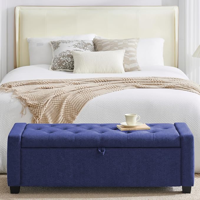 Huatean Home 48" Ottoman with Storage, Storage Ottoman Bench with Safety Hinge, Upholstered Entryway Bench with Seating for Bedroom, Living Room, Holds up to 330 lb, Blue