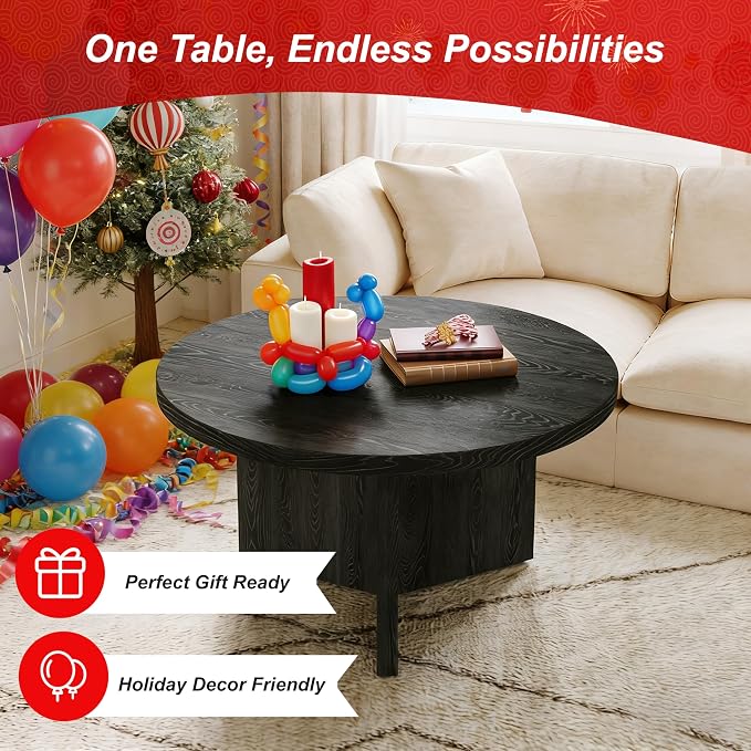 Luoxiao Round Coffee Table, 31.5" Modern Black Living Room Center Tables | Triangle Base with Anti Slip Feet for Stability, Circle Accent Table for Apartments, Small Homes, Space-saving, Easy Assembly