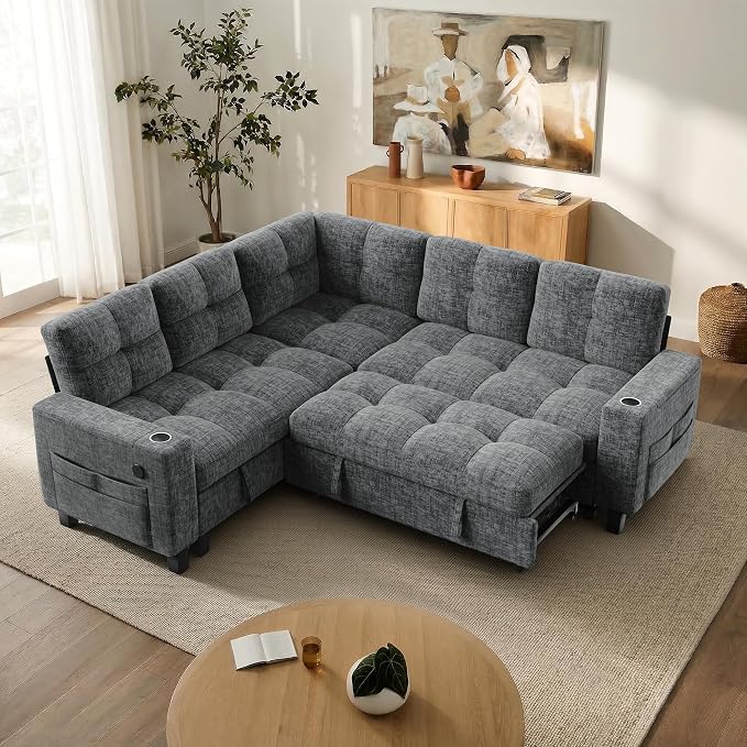 AMADA HOMEFURNISHING 85″ Modular Sectional Sleeper Sofa with Pull Out Couch, U Shaped 5 Seat Sectional Sofa with Storage, USB Ports & Cup Holders, Chenille Cloud Couches for Living Room, Light Gray