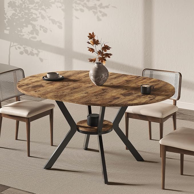 42"-58" Extendable Oval Dining Table for 4-6, Kitchen Round Table with Hidden Leaves & Storage Shelf, Space Saving Modern Design with Sturdy Metal Legs for Kitchen, Dining Room & Small Apartments