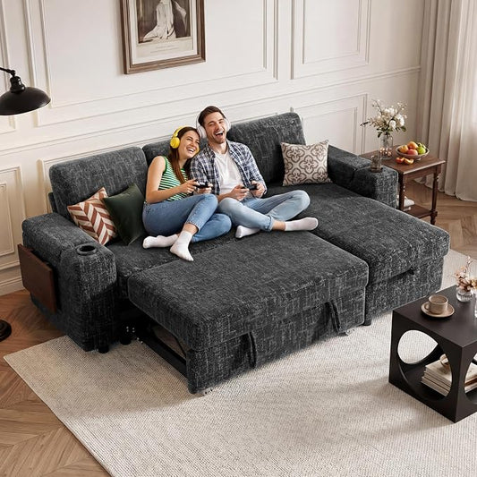 Vipbear Premium 86" Modular Sectional Sleeper Sofa, 3 Seat Chenille Sleeper Sofa with Pull Out Bed for Living Room, L Shaped Couch with Storage Chaise&Armrests|USB Ports|Cup Holders|Side Table, Grey