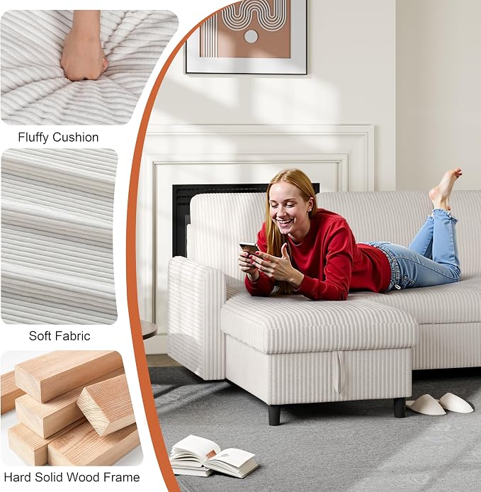 Vongrasig Pull Out Couch with Storage, 77" Sectional Sleeper Sofa, 2 in 1 L-Shaped Sofa Bed with Storage Chaise Corduroy Fabric for Living Room, Apartment, Small Space, White