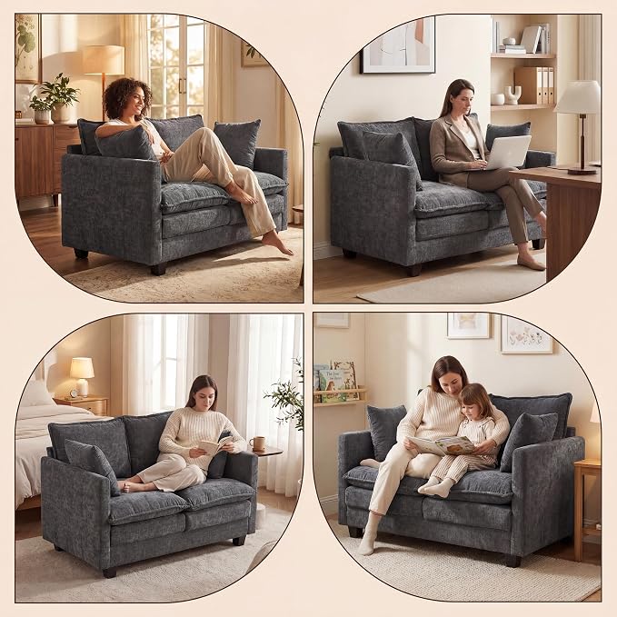 Loveseat Sofa with Cloud 3-Layer Cushion & 27" Deep Seat, Modern Love Seat Small Couch with 2 Washable Pillows for Small Spaces, Bedroom, Apartment, Office, Living Room, in a Box, 50-Inch Grey